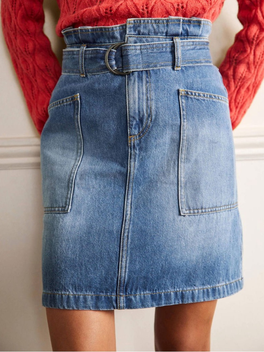 Boden Blue Denim Paperbag Waist Belted Mini Skirt 10 LONG